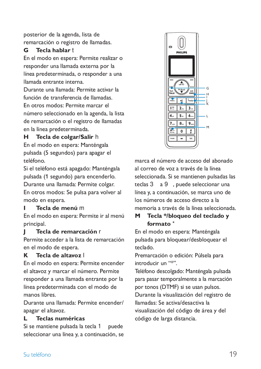 Philips SE659 manual Tecla de menú m, En el modo en espera Permite ir al menú principal, Teclas numéricas 