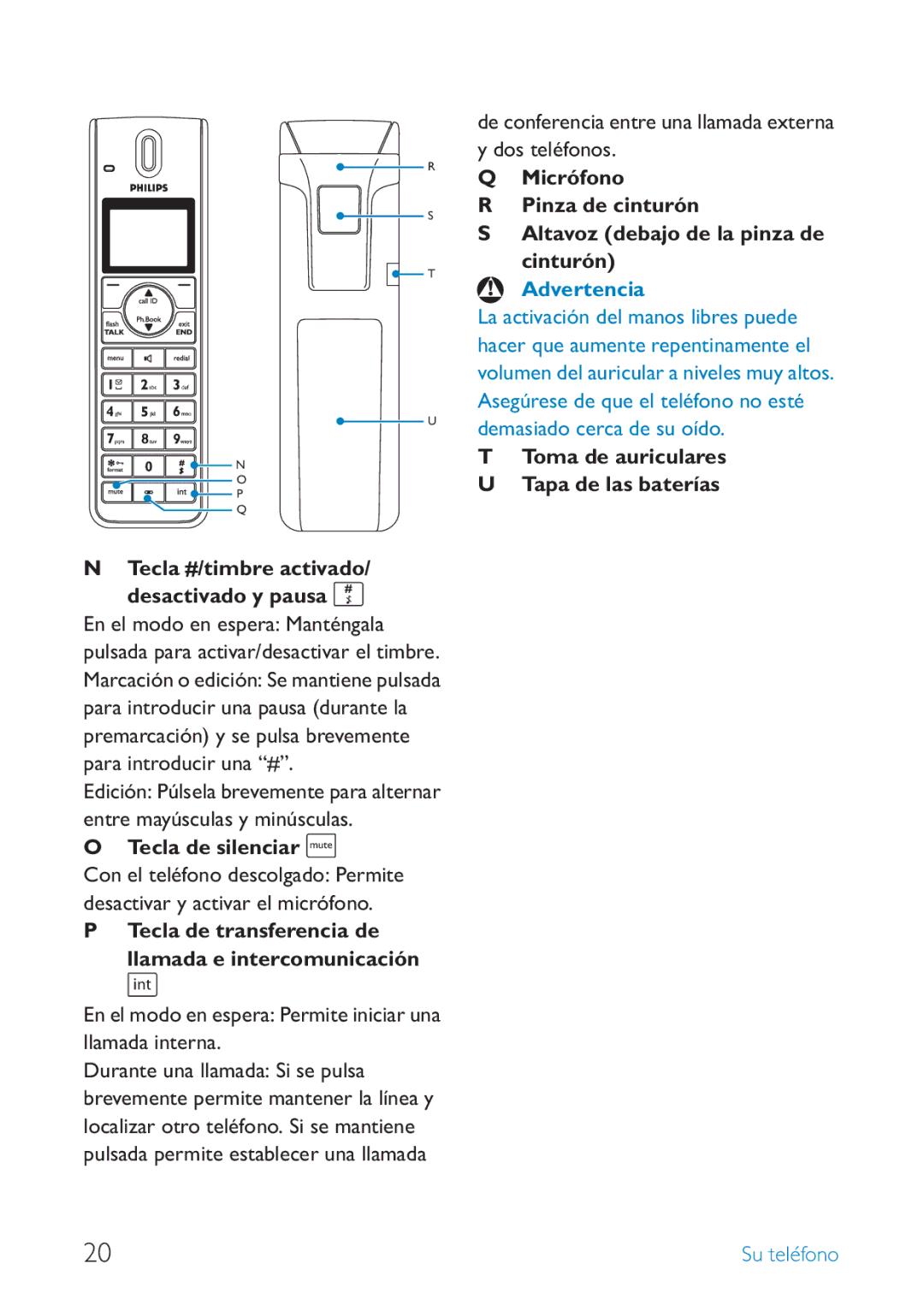 Philips SE659 manual Tecla #/timbre activado/ desactivado y pausa #, Tecla de silenciar s 