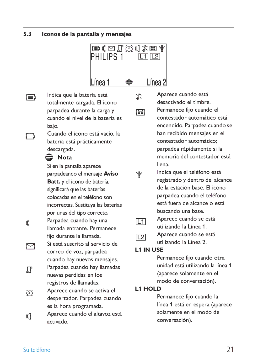 Philips SE659 manual Iconos de la pantalla y mensajes 