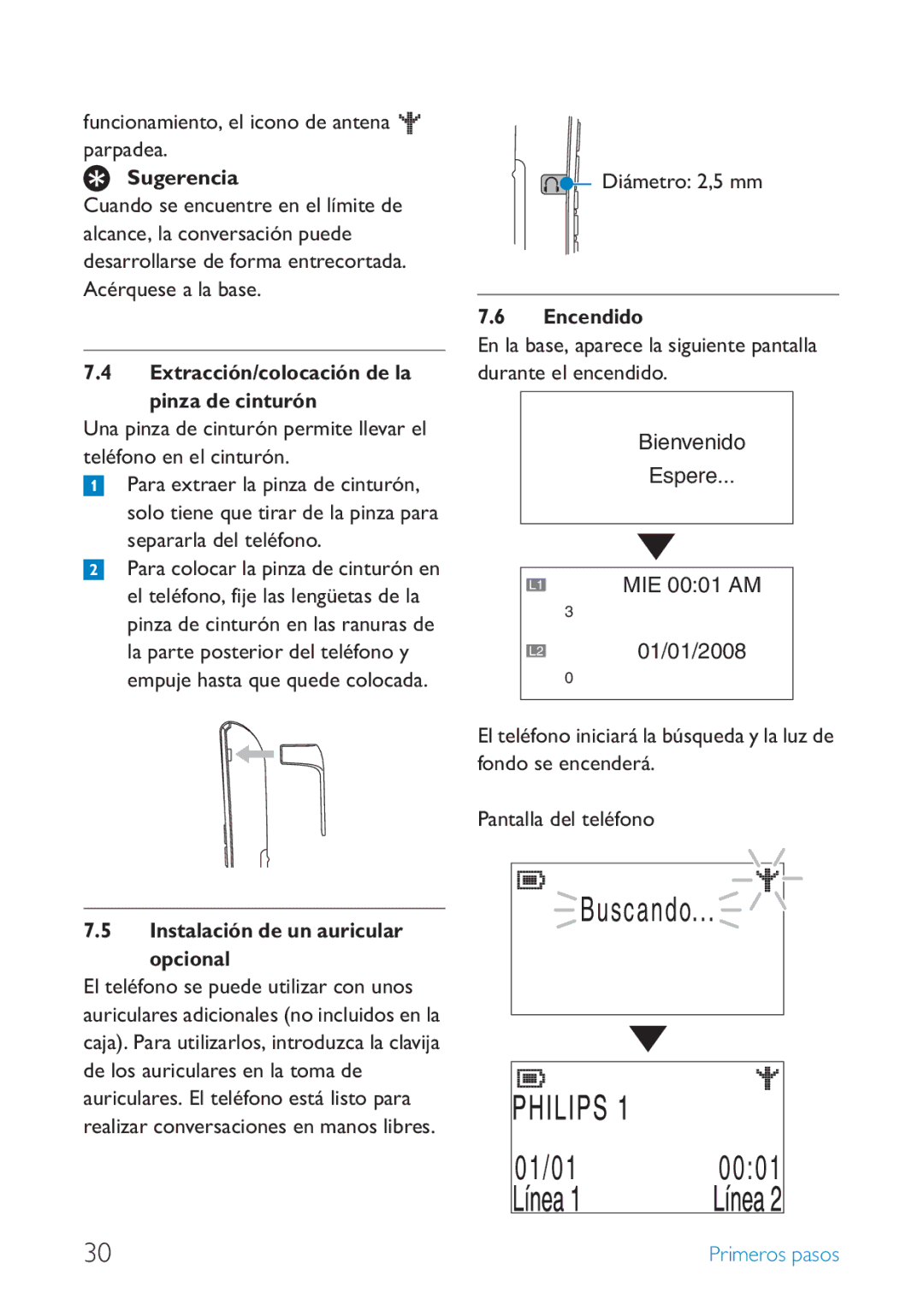 Philips SE659 Sugerencia, Extracción/colocación de la pinza de cinturón, Encendido, Instalación de un auricular opcional 