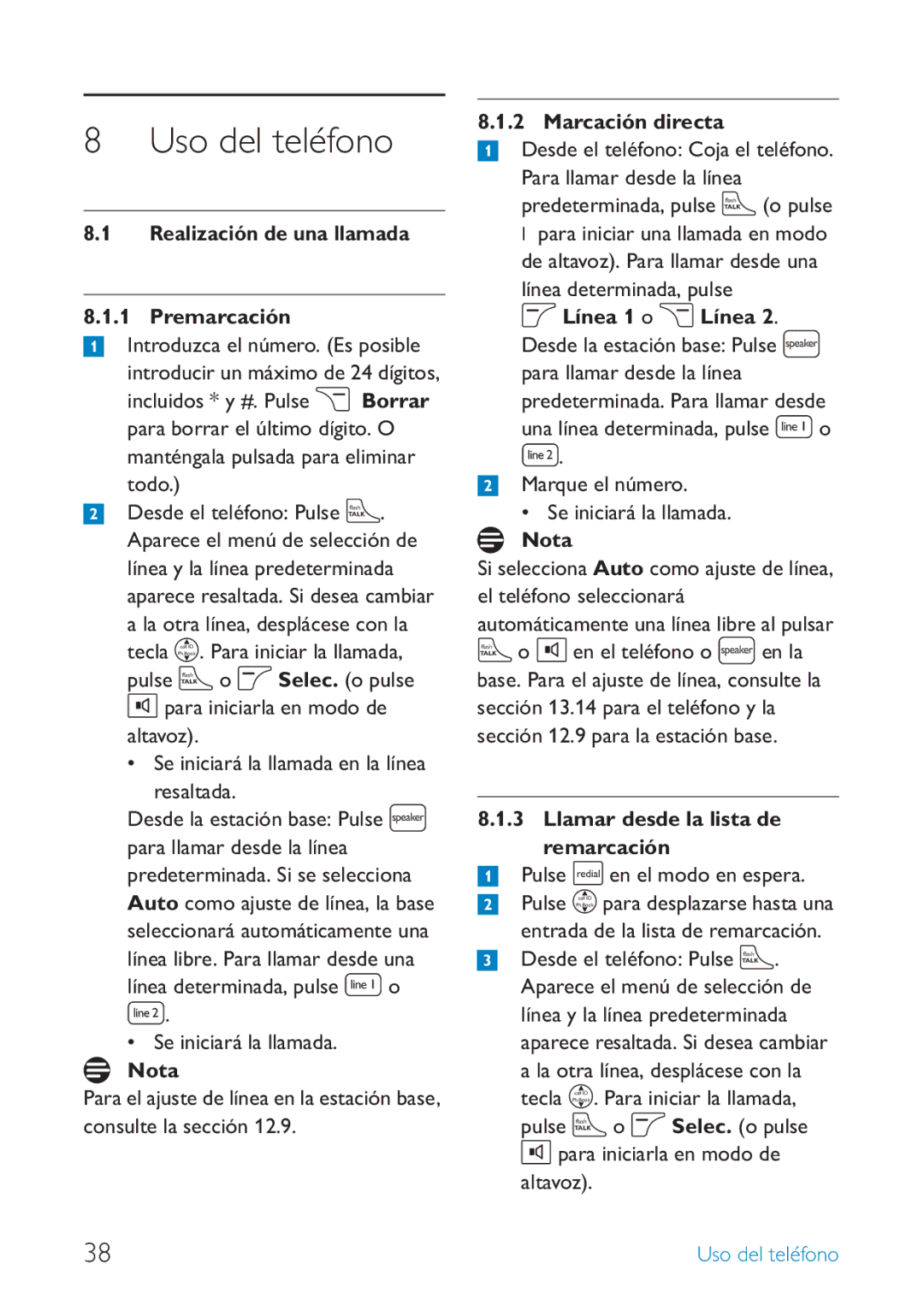 Philips SE659 manual Uso del teléfono, Realización de una llamada Premarcación, Marcación directa 