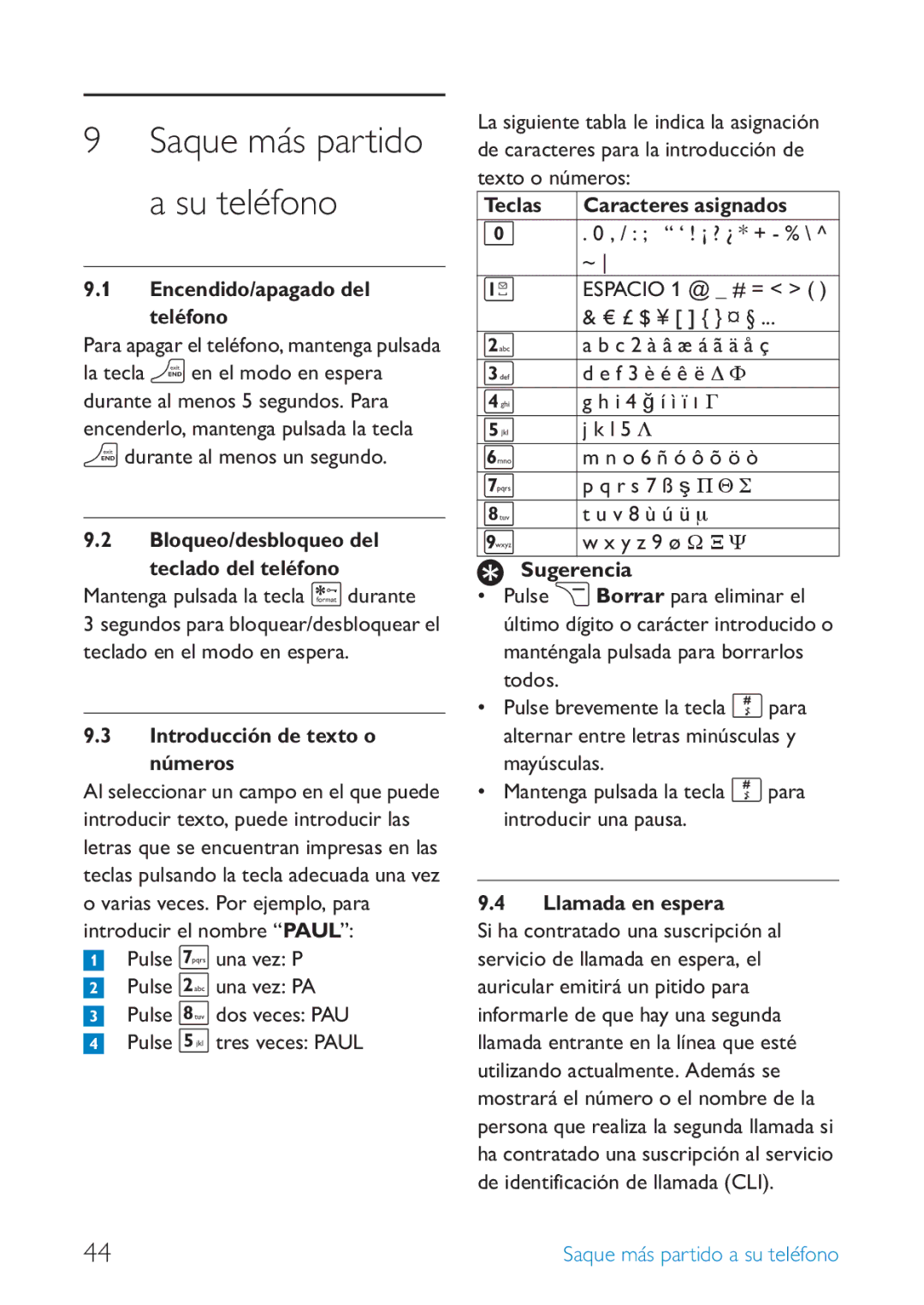 Philips SE659 manual Encendido/apagado del teléfono, Introducción de texto o números, Teclas Caracteres asignados 