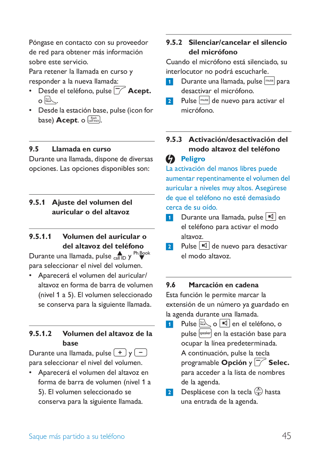 Philips SE659 manual Llamada en curso, Ajuste del volumen del auricular o del altavoz, Volumen del altavoz de la Base 