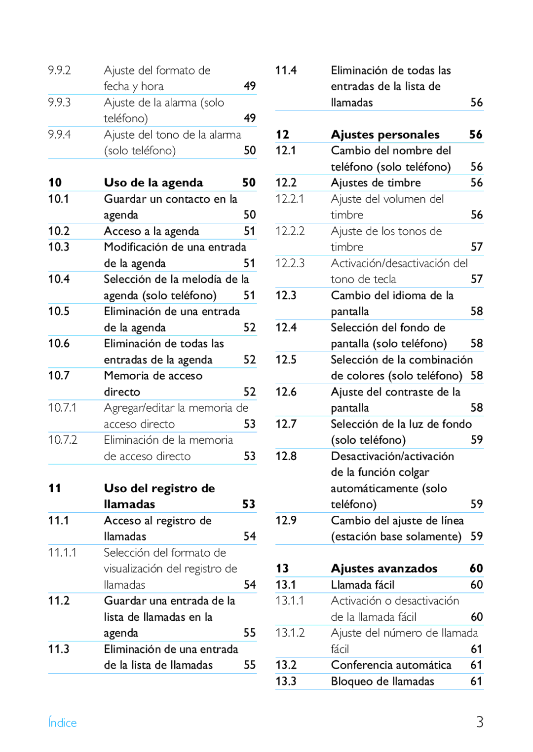 Philips SE659 manual Solo teléfono Uso de la agenda, Uso del registro de Llamadas53, Ajustes personales 