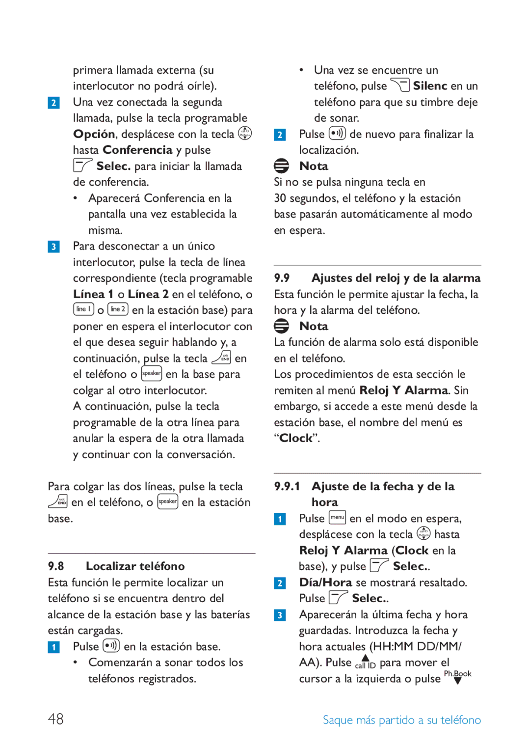 Philips SE659 manual Localizar teléfono, Ajuste de la fecha y de la hora, Reloj Y Alarma Clock en la base, y pulse o Selec 