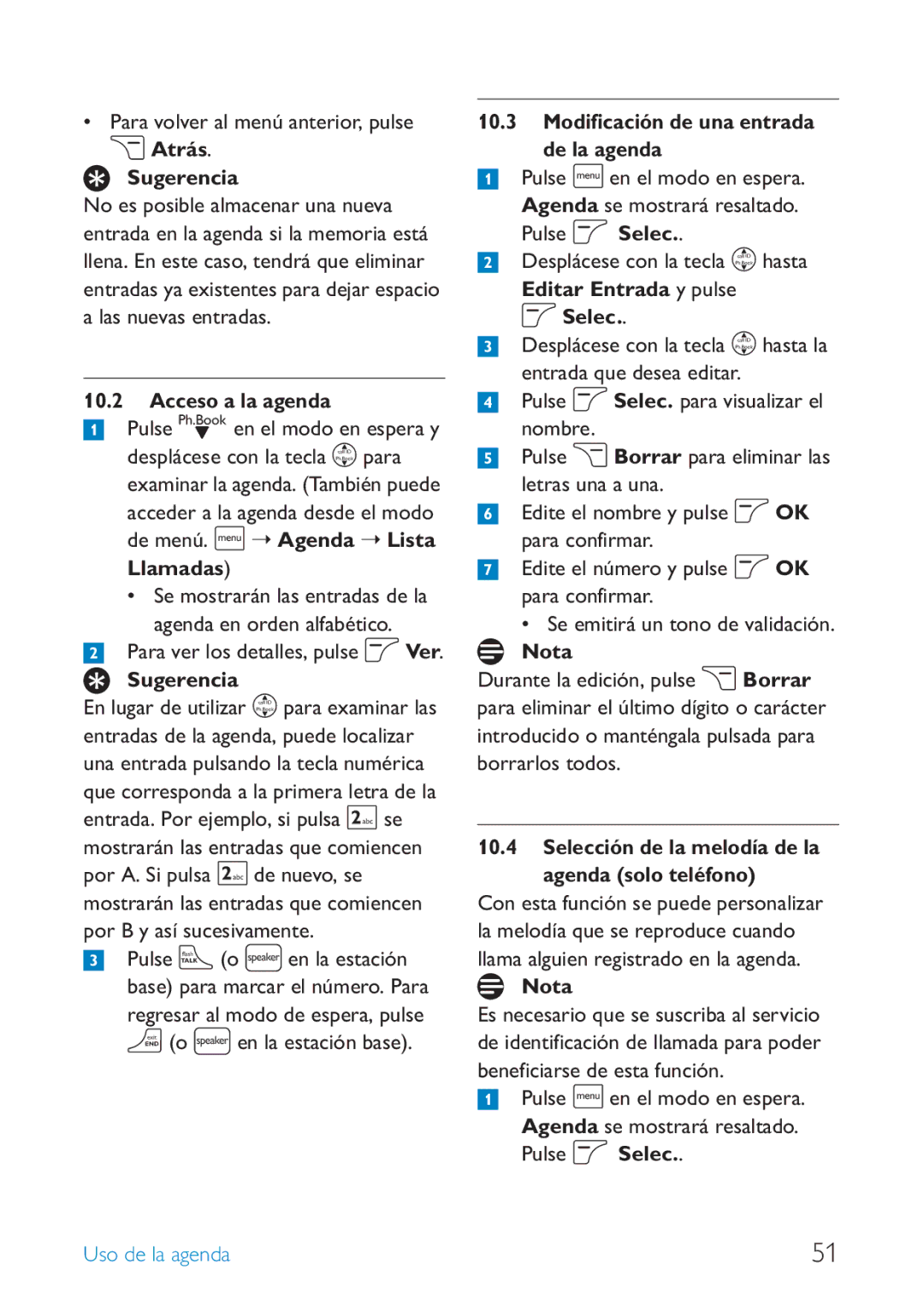 Philips SE659 manual Atrás Sugerencia, Acceso a la agenda, Llamadas, Modificación de una entrada de la agenda 