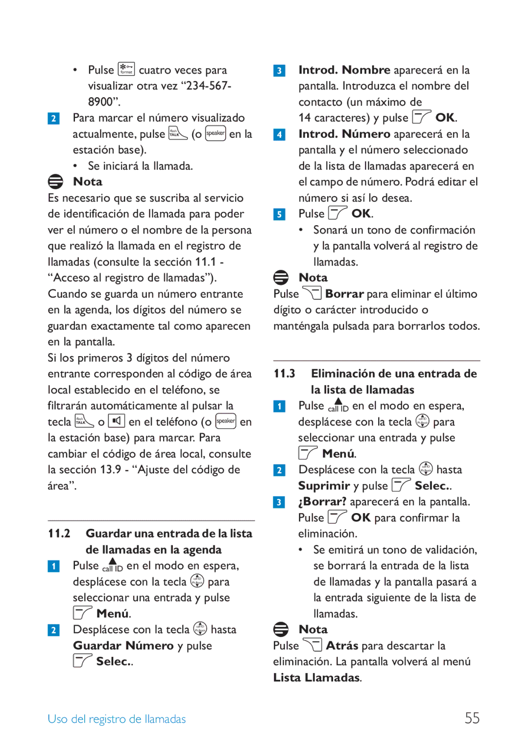 Philips SE659 manual 8900, Estación base Se iniciará la llamada, Guardar Número y pulse o Selec, Eliminación 