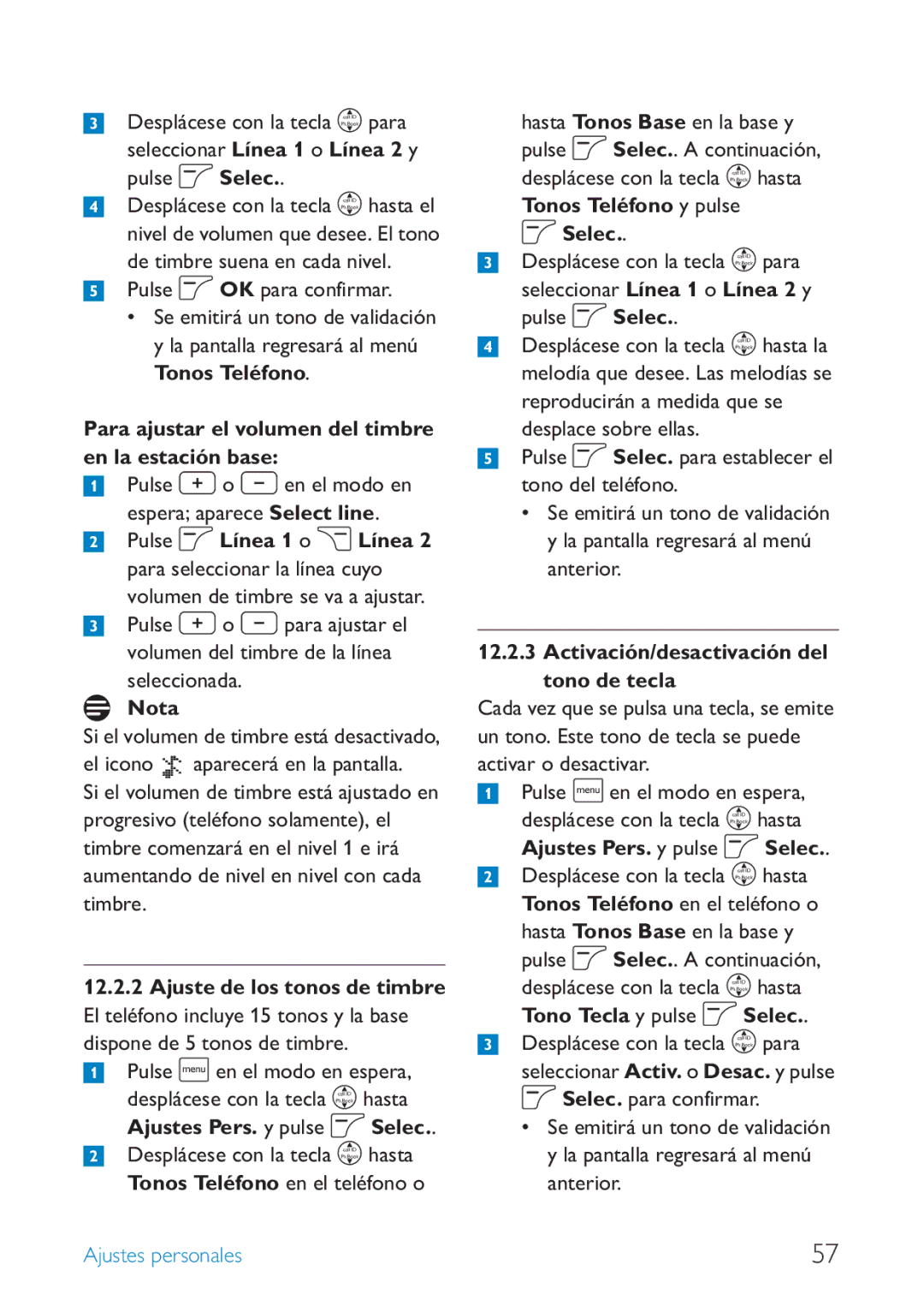 Philips SE659 manual Para ajustar el volumen del timbre en la estación base, Activación/desactivación del tono de tecla 