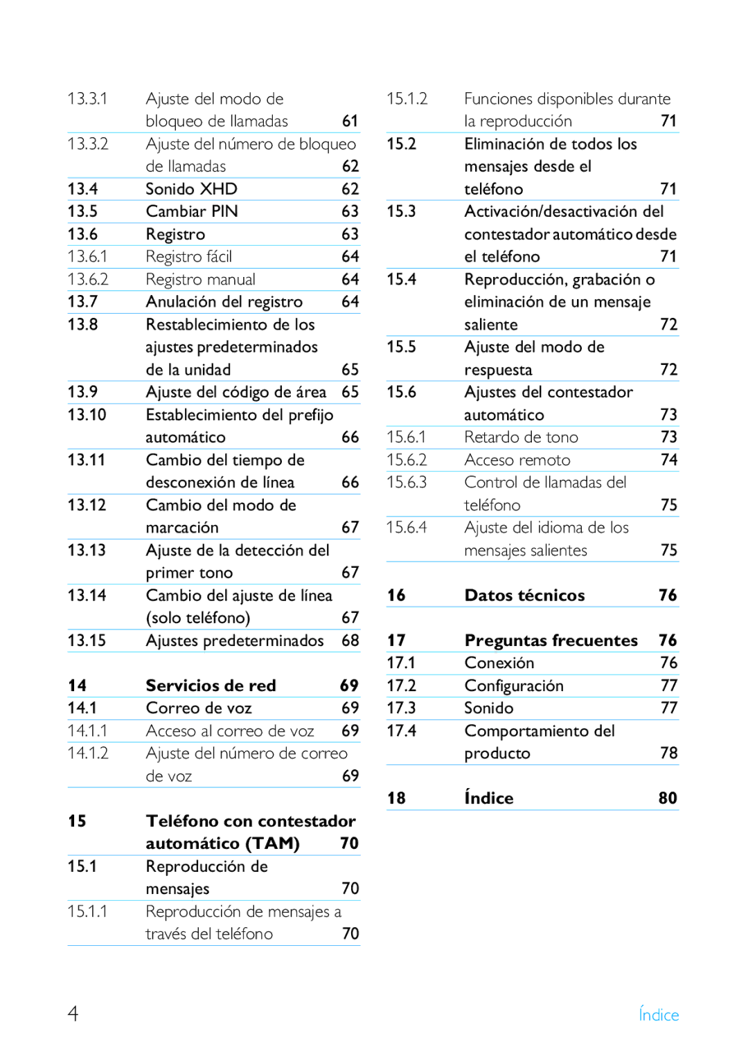 Philips SE659 manual Datos técnicos, Preguntas frecuentes, Servicios de red, Índice, Automático TAM 