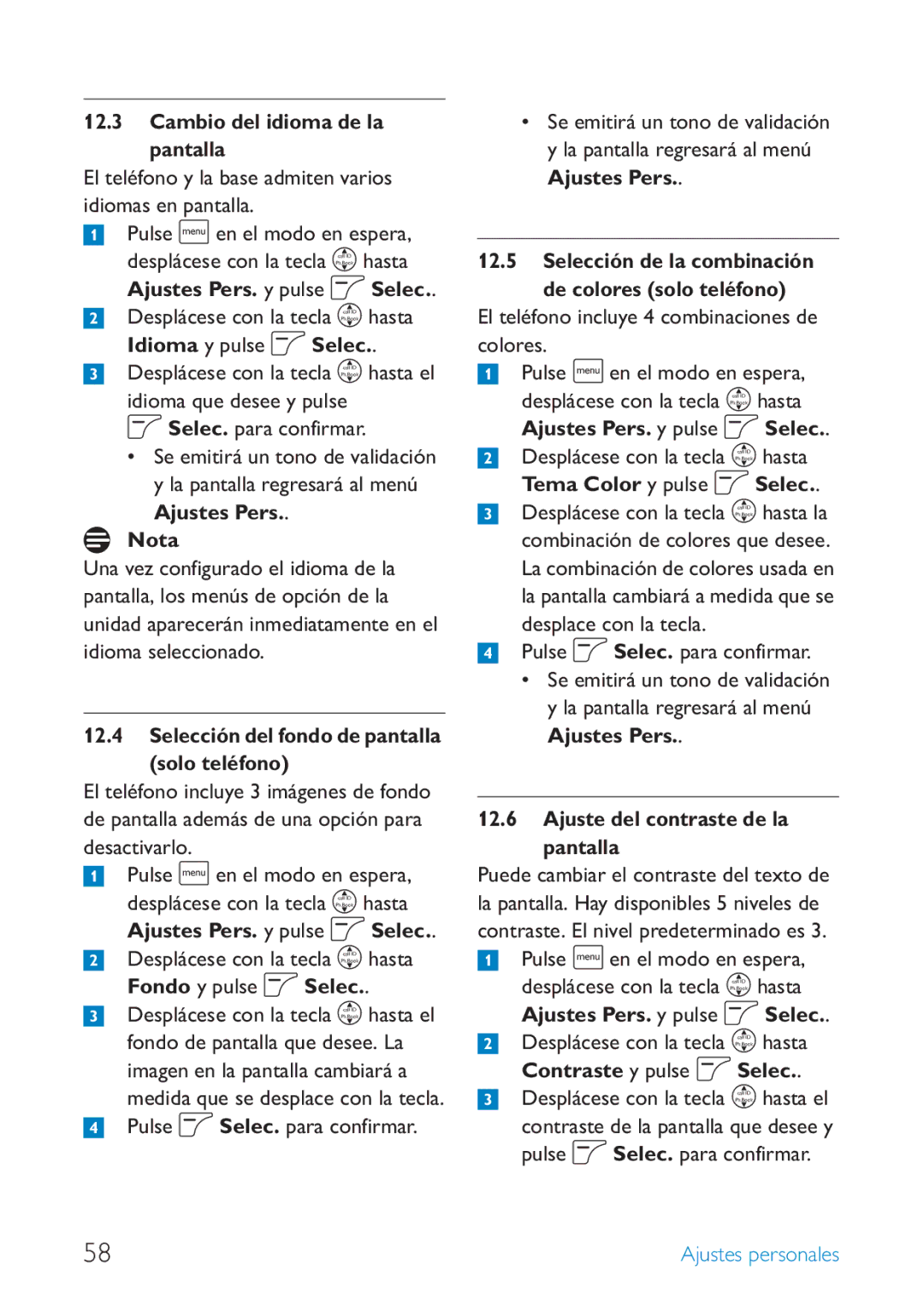 Philips SE659 manual Cambio del idioma de la pantalla, Selección del fondo de pantalla solo teléfono, Fondo y pulse o Selec 