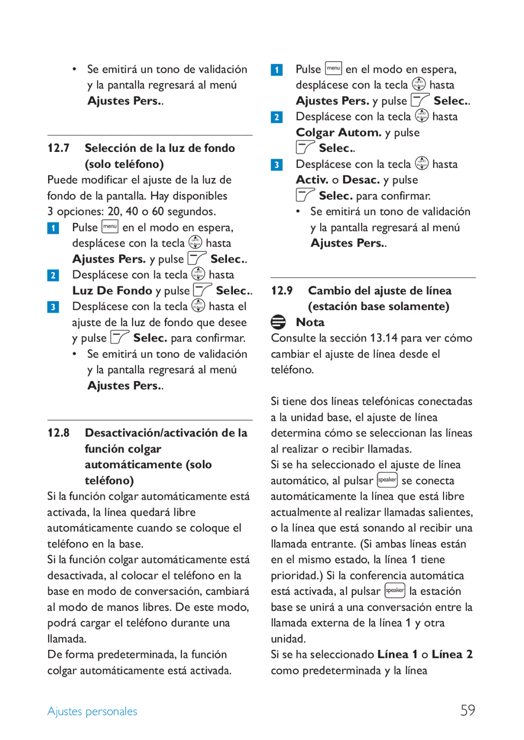 Philips SE659 manual Selección de la luz de fondo solo teléfono, Activ. o Desac. y pulse o Selec. para confirmar 