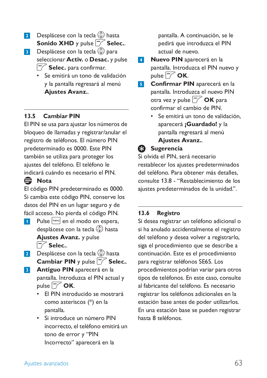 Philips SE659 manual Cambiar PIN, Confirmar el cambio de PIN, Registro 