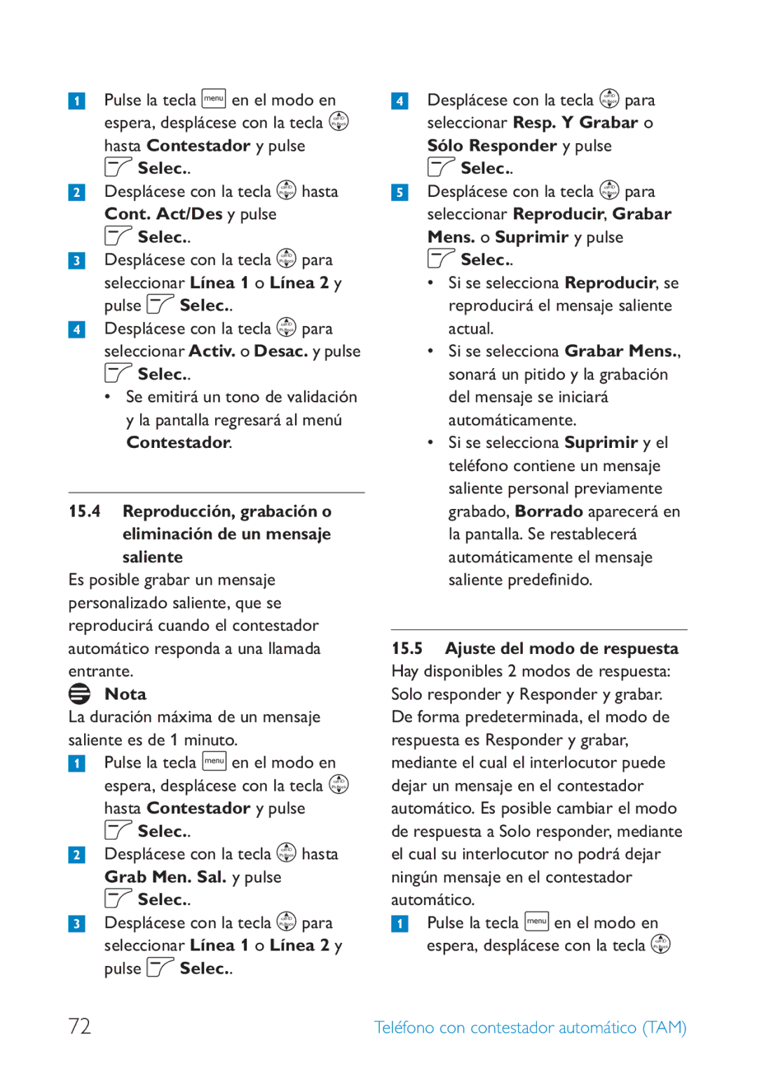 Philips SE659 manual Cont. Act/Des y pulse Selec, Pulse la tecla m en el modo en, Sólo Responder y pulse Selec 