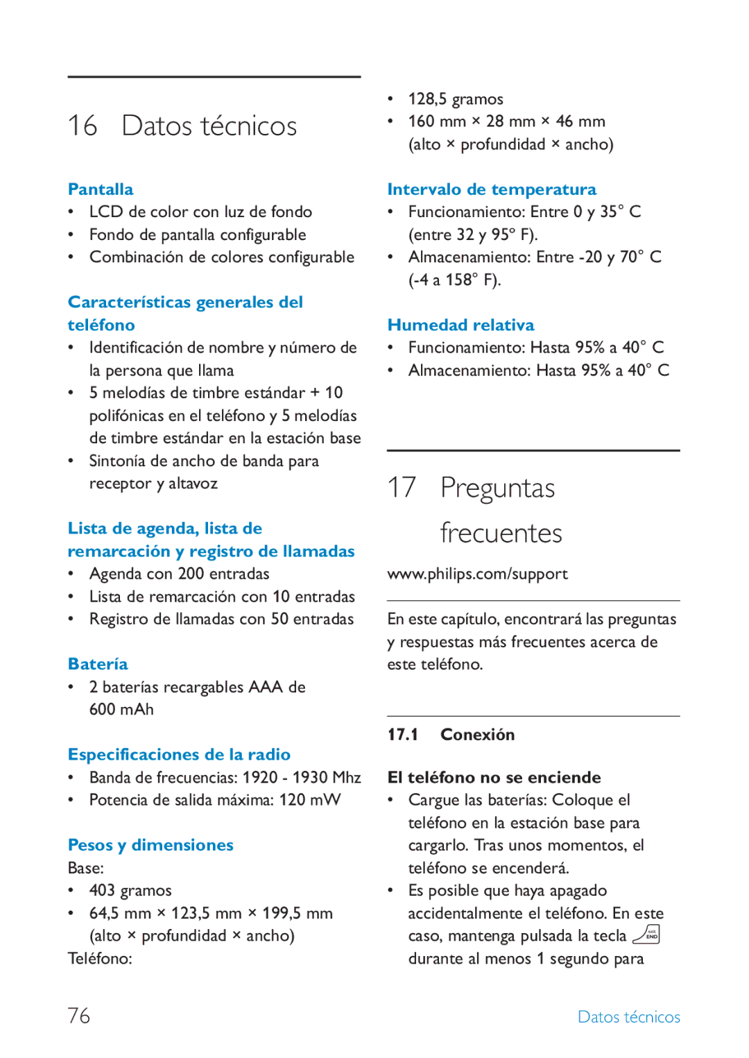 Philips SE659 manual Datos técnicos, Preguntas Frecuentes, Conexión El teléfono no se enciende 