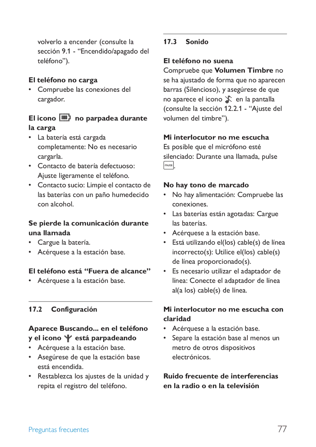 Philips SE659 manual El teléfono no carga, El icono, La carga, Se pierde la comunicación durante una llamada 