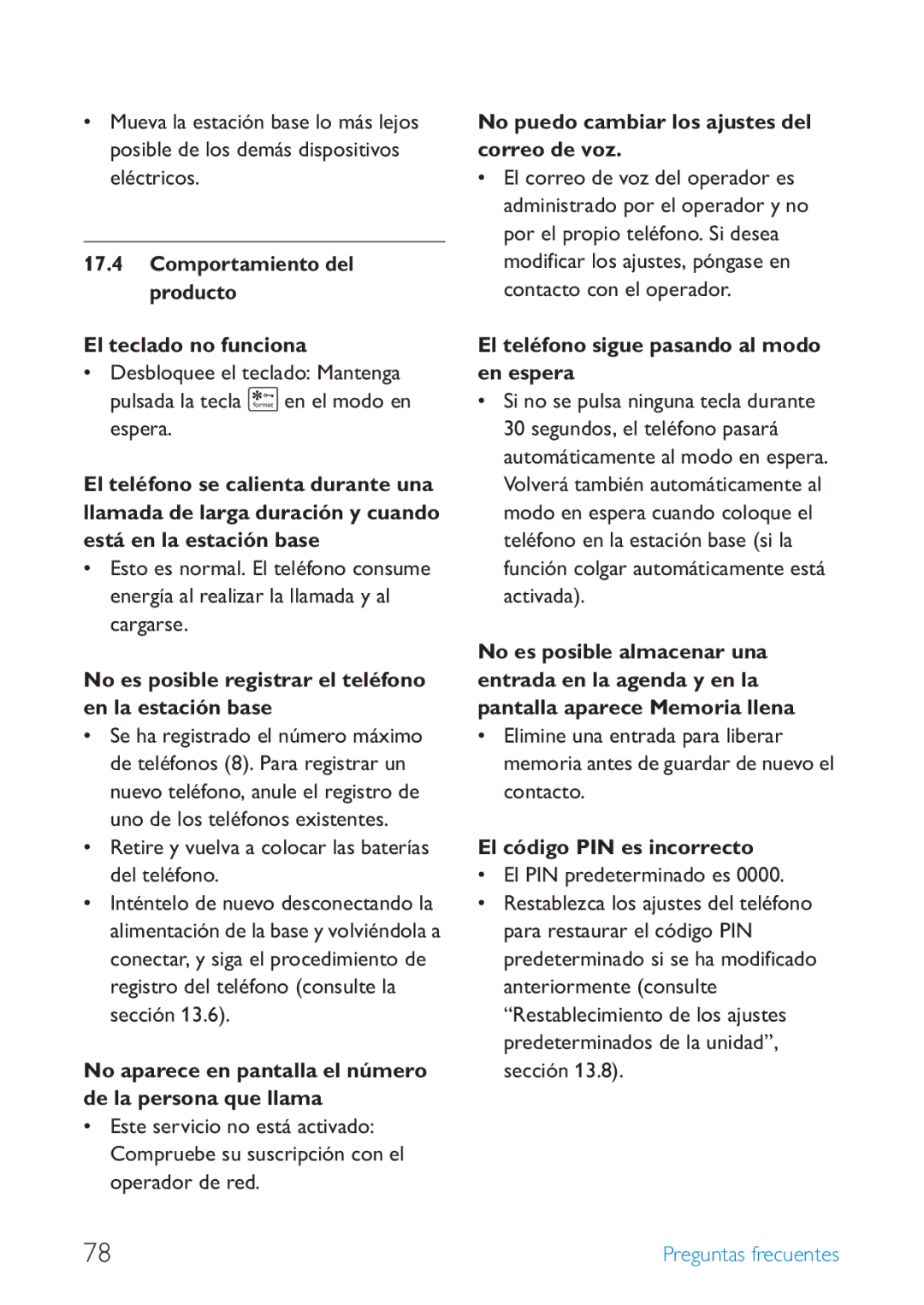 Philips SE659 Comportamiento del producto El teclado no funciona, No es posible registrar el teléfono en la estación base 