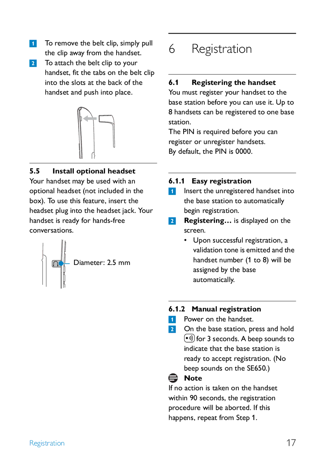 Philips SE6590B/37 manual Registration, Easy registration, Manual registration 1 Power on the handset 