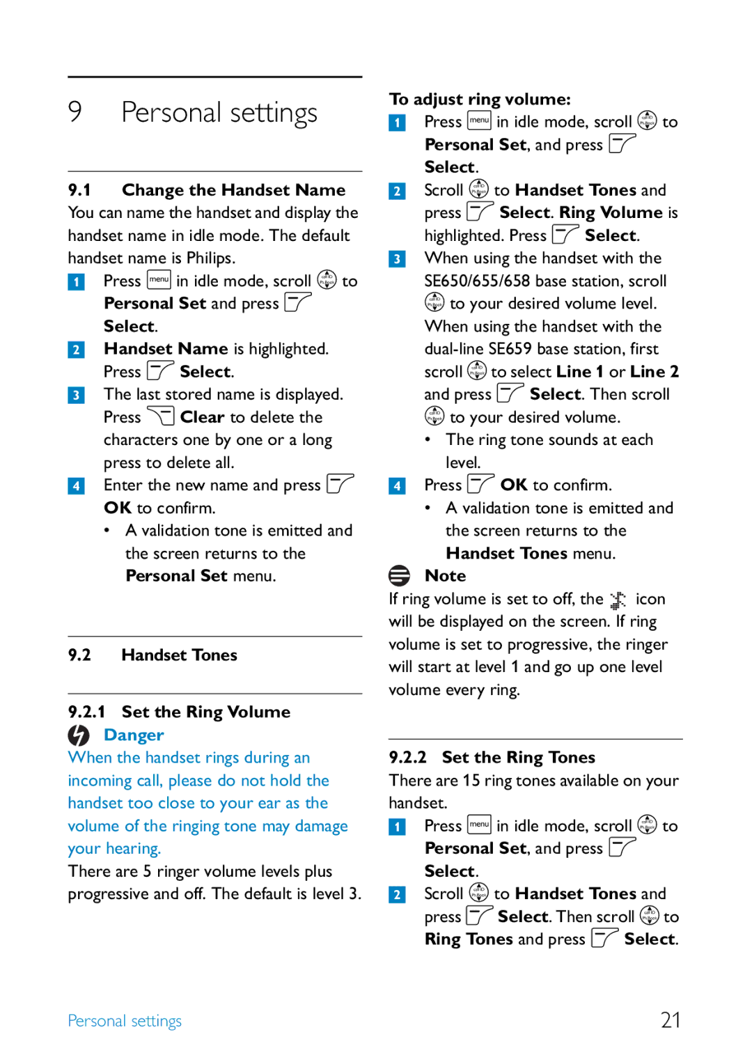 Philips SE6590B/37 manual Personal settings, To adjust ring volume, Set the Ring Tones 