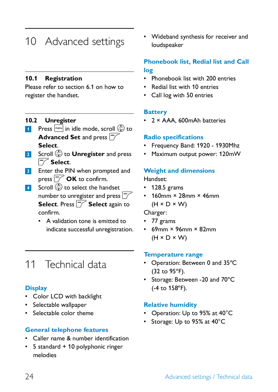 Philips SE6590B/37 manual Advanced settings, Technical data 