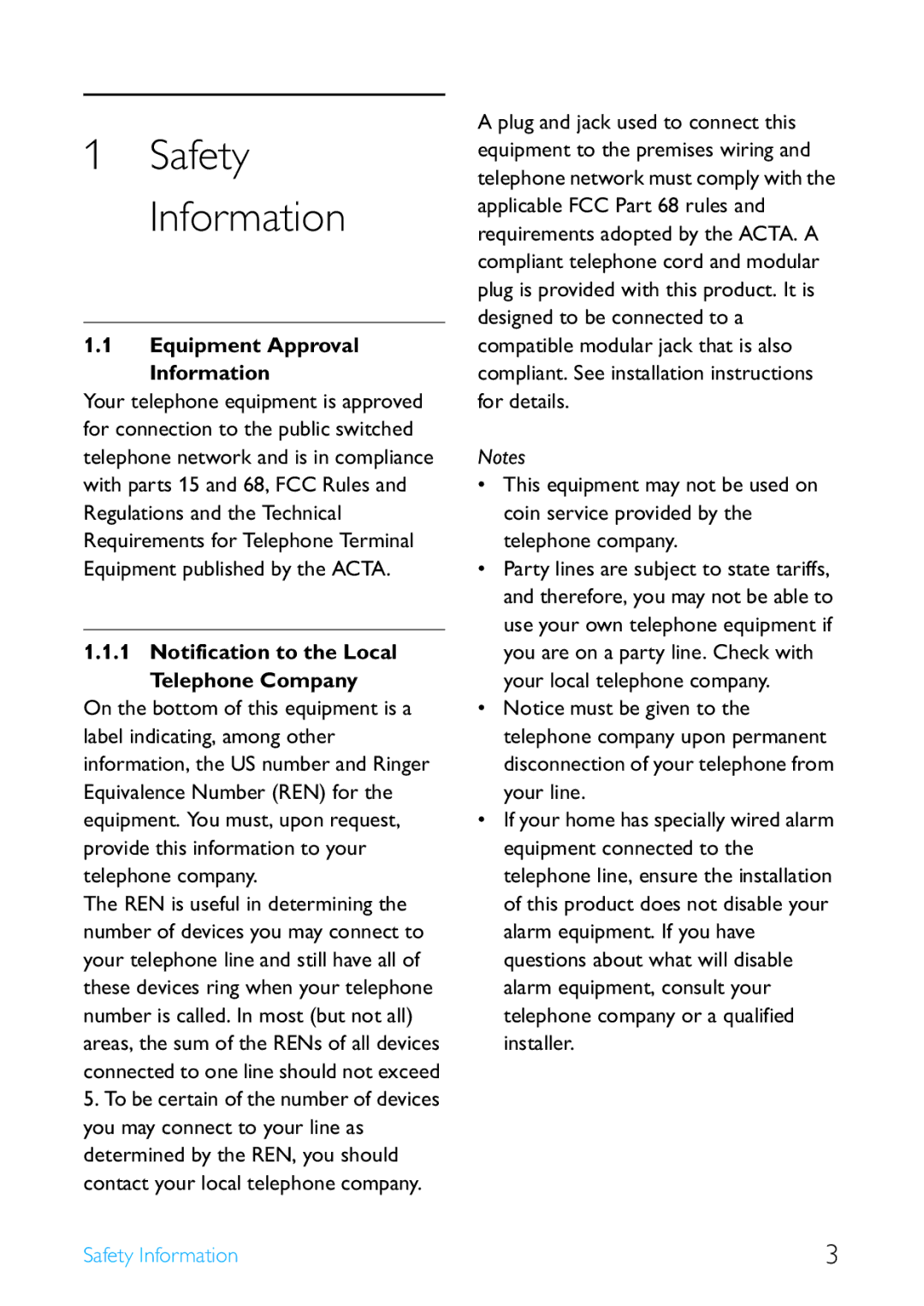 Philips SE6590B/37 manual Equipment Approval Information, Notification to the Local Telephone Company 