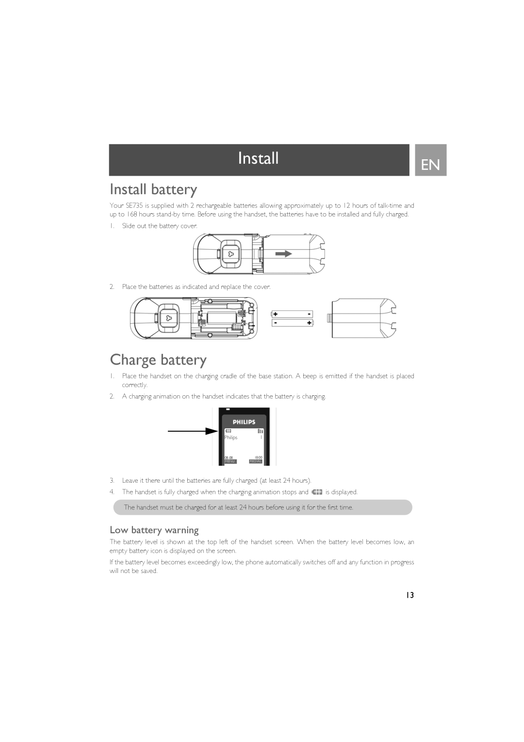 Philips SE735 manual InstallEN, Install battery, Charge battery, Low battery warning 