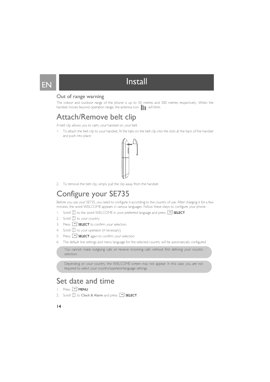 Philips manual ENInstall, Attach/Remove belt clip, Configure your SE735, Set date and time, Out of range warning 