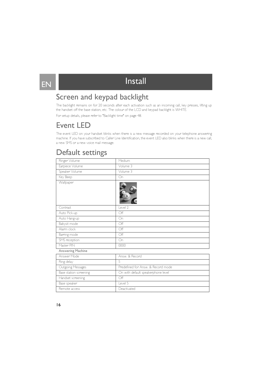 Philips SE735 manual Screen and keypad backlight, Event LED, Default settings 