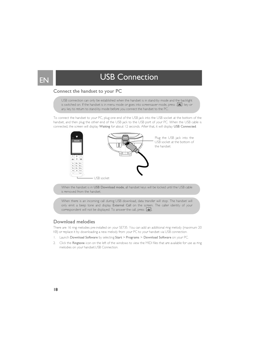 Philips SE735 manual Connect the handset to your PC, Download melodies 