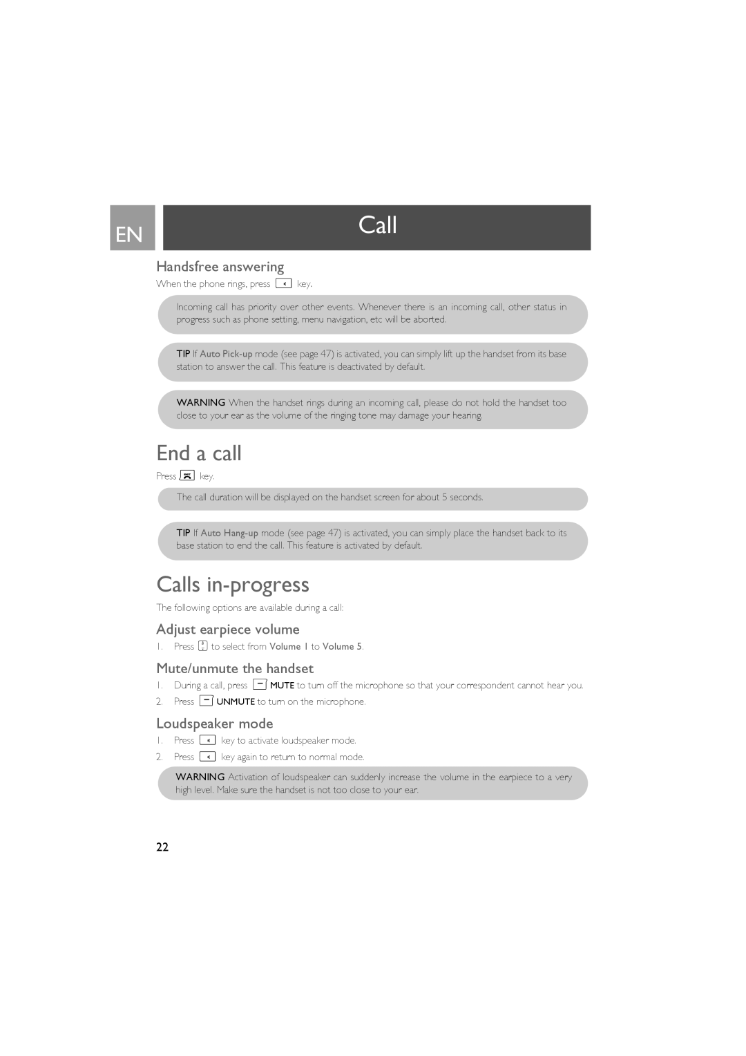 Philips SE735 manual ENCall, End a call, Calls in-progress 