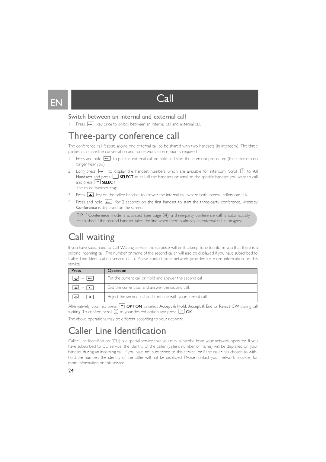 Philips SE735 manual Three-party conference call, Call waiting, Caller Line Identification 