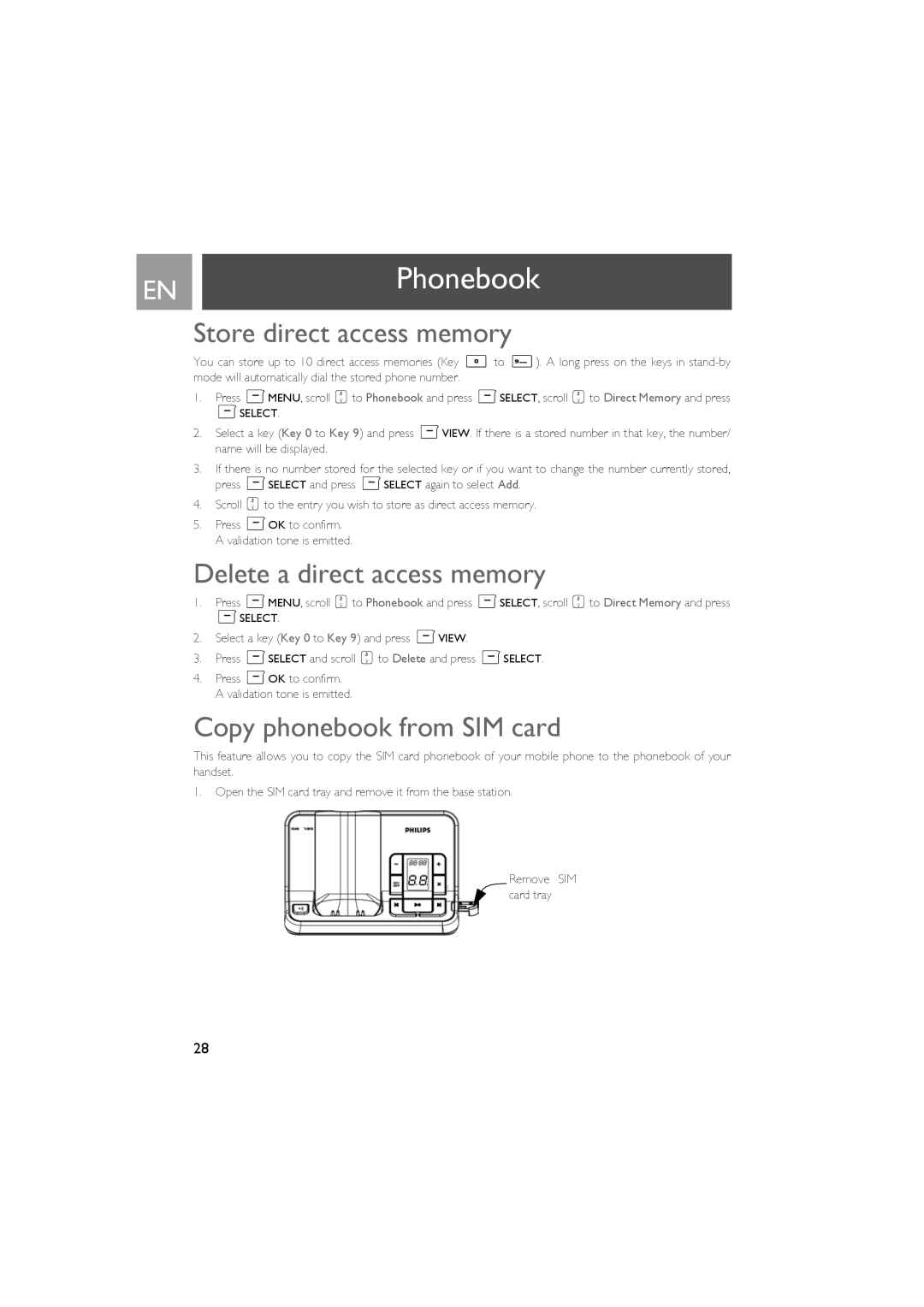 Philips SE735 manual Store direct access memory, Delete a direct access memory, Copy phonebook from SIM card 