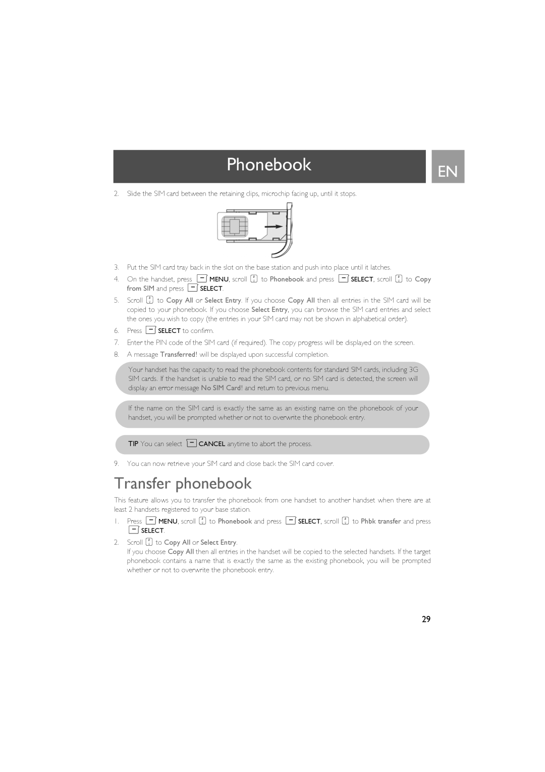 Philips SE735 manual Transfer phonebook, Scroll to Copy All or Select Entry 