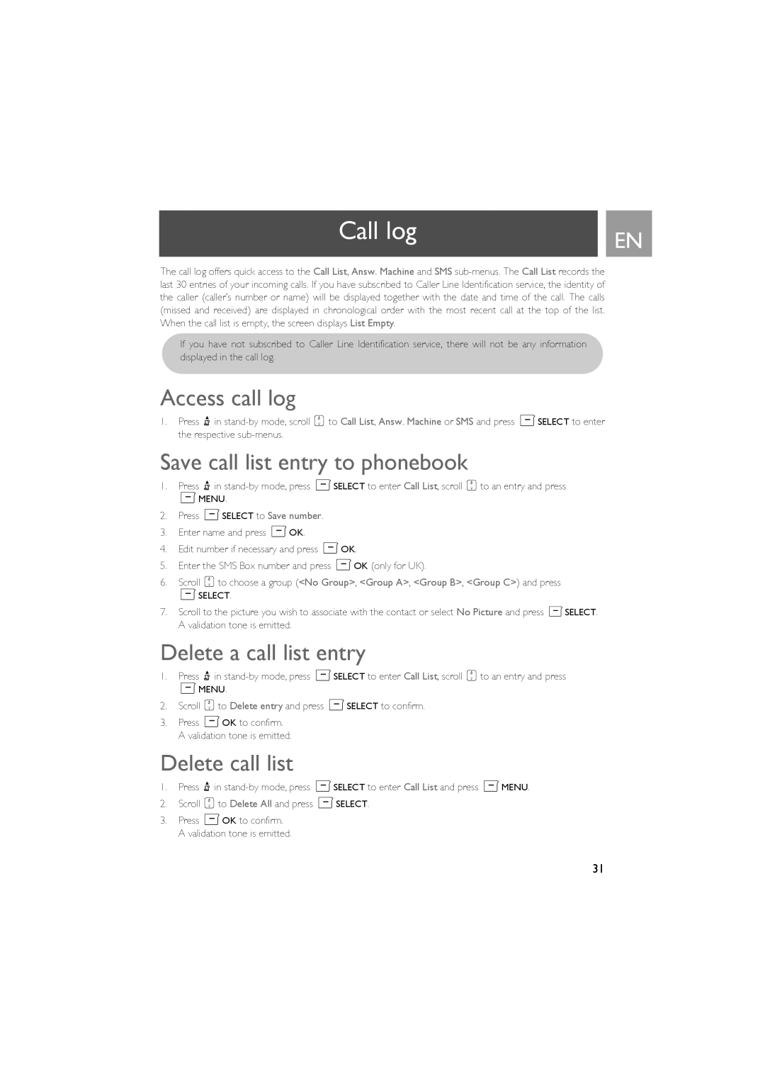 Philips SE735 Call log, Access call log, Save call list entry to phonebook, Delete a call list entry, Delete call list 