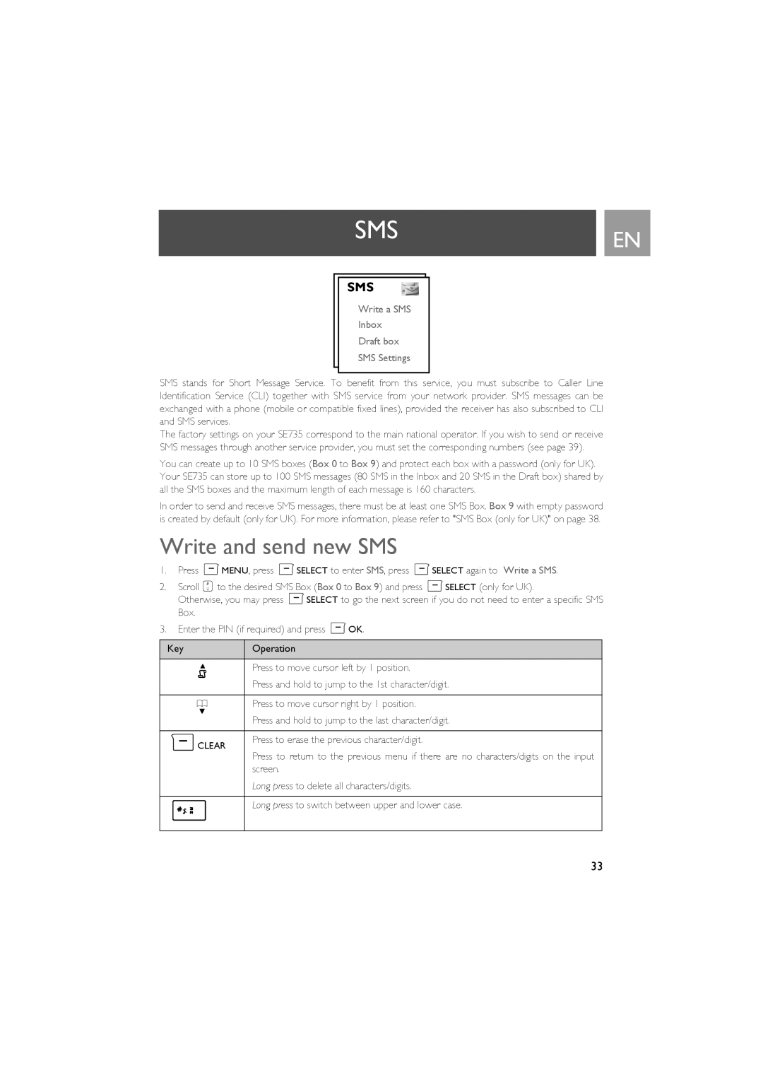 Philips SE735 manual Smsen, Write and send new SMS 