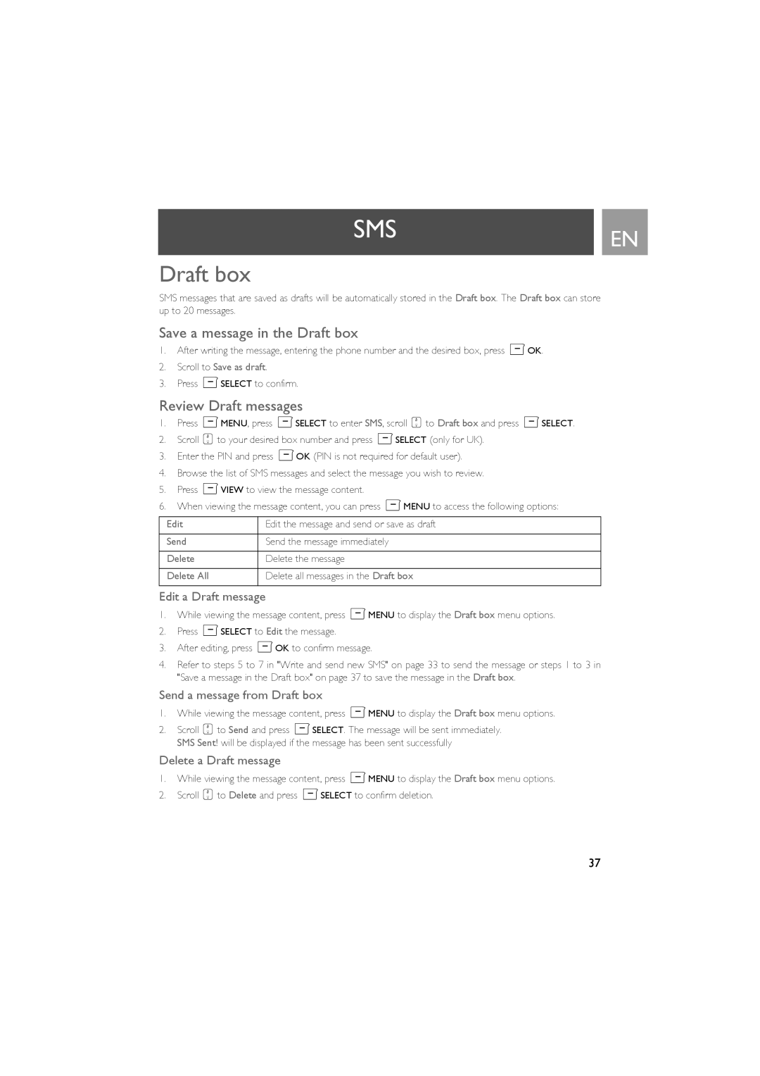 Philips SE735 manual Save a message in the Draft box, Review Draft messages 