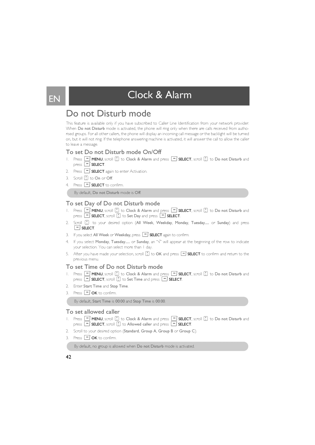 Philips SE735 To set Do not Disturb mode On/Off, To set Day of Do not Disturb mode, To set Time of Do not Disturb mode 