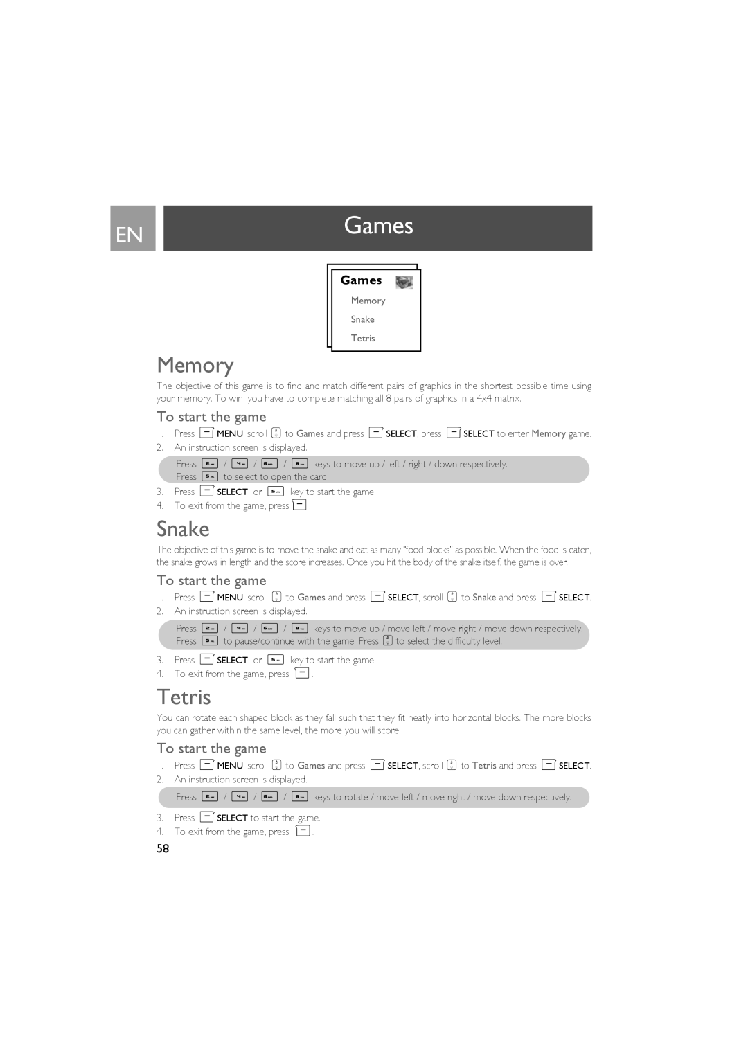 Philips SE735 manual ENGames, Memory, Snake, Tetris, To start the game 