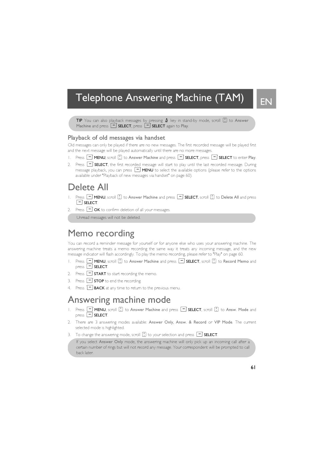 Philips SE735 manual Delete All, Memo recording, Answering machine mode, Playback of old messages via handset 