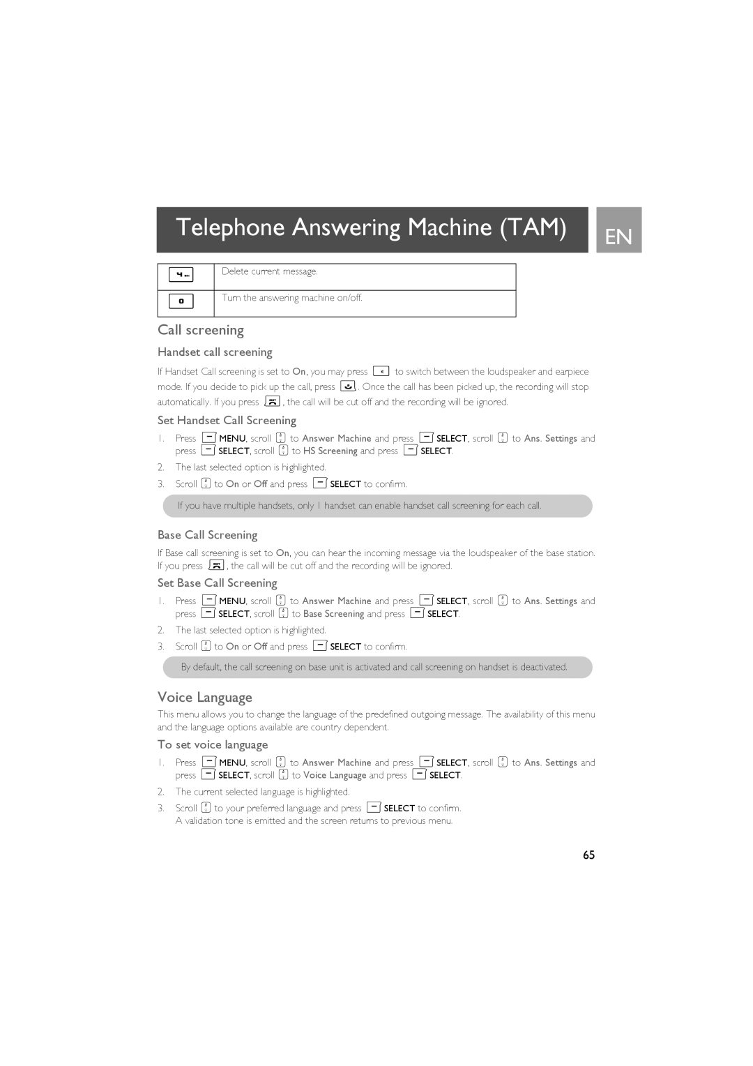 Philips SE735 manual Call screening, Voice Language 