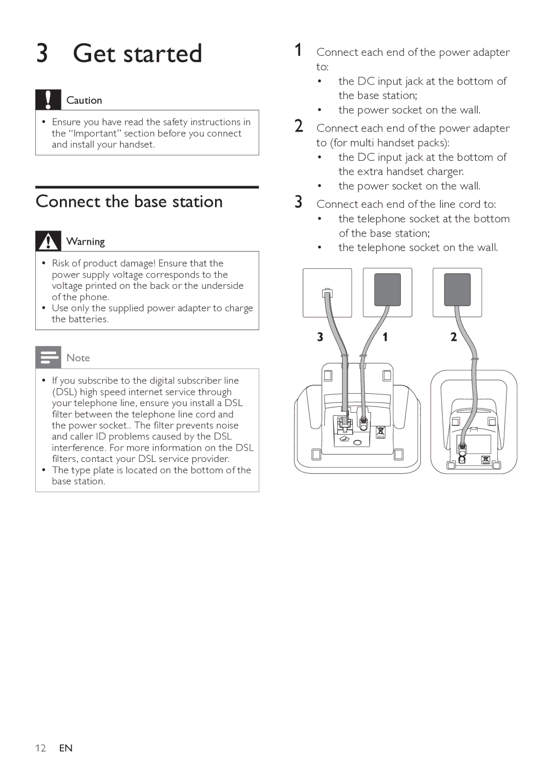 Philips SE765 user manual Get started, Connect the base station 