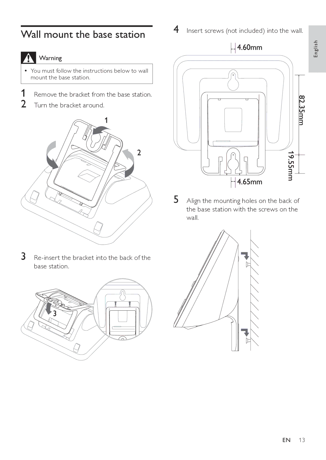 Philips SE765 user manual Wall mount the base station 