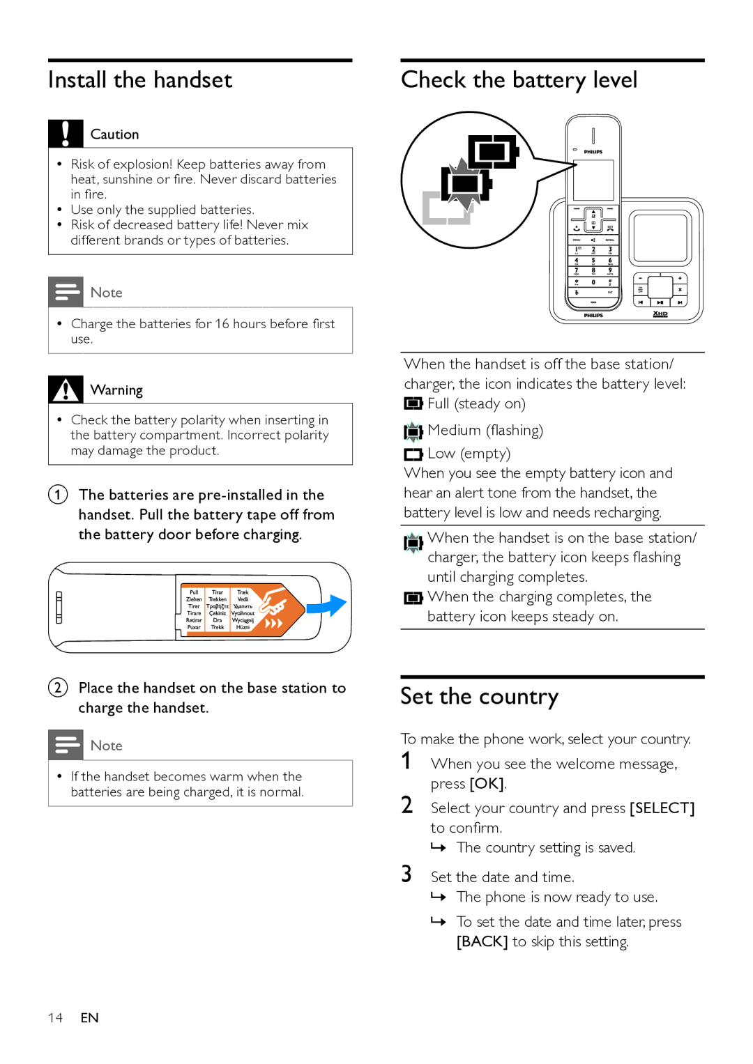 Philips SE765 user manual Install the handset, Check the battery level, Set the country 