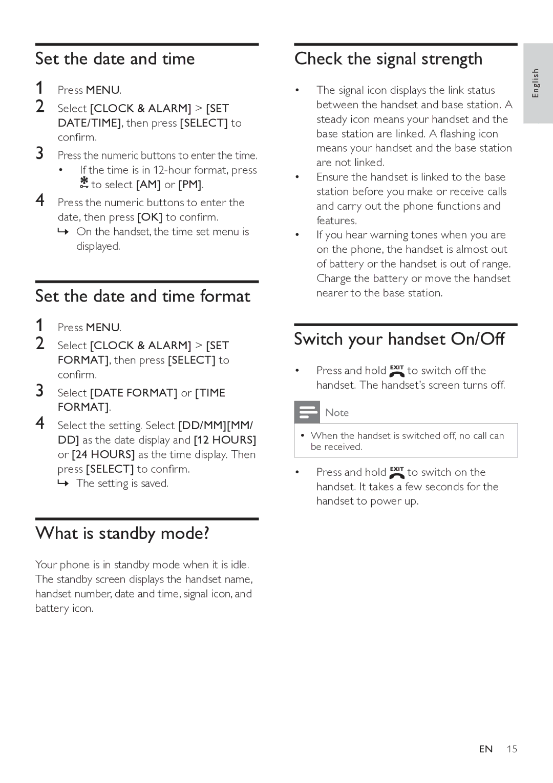 Philips SE765 user manual Set the date and time format, What is standby mode?, Check the signal strength 