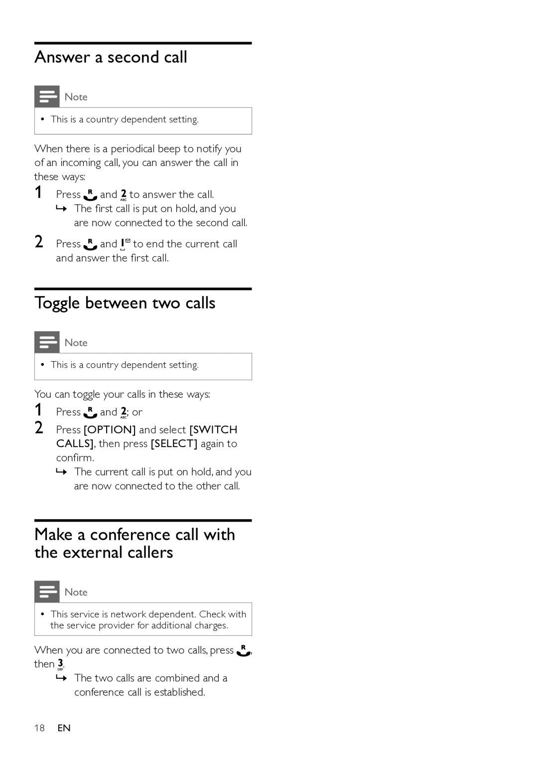 Philips SE765 user manual Answer a second call, Toggle between two calls, Make a conference call with the external callers 