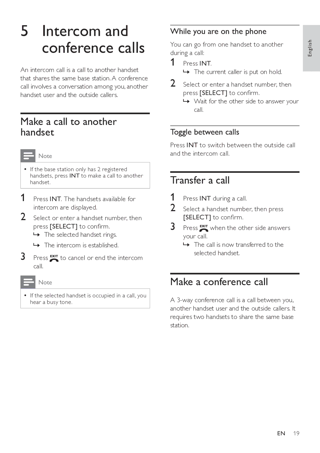 Philips SE765 Make a call to another handset, Transfer a call, Make a conference call, While you are on the phone 