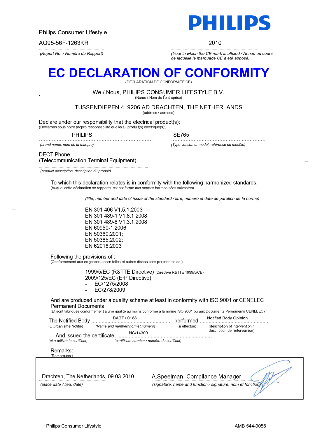 Philips SE765 user manual EC Declaration of Conformity 