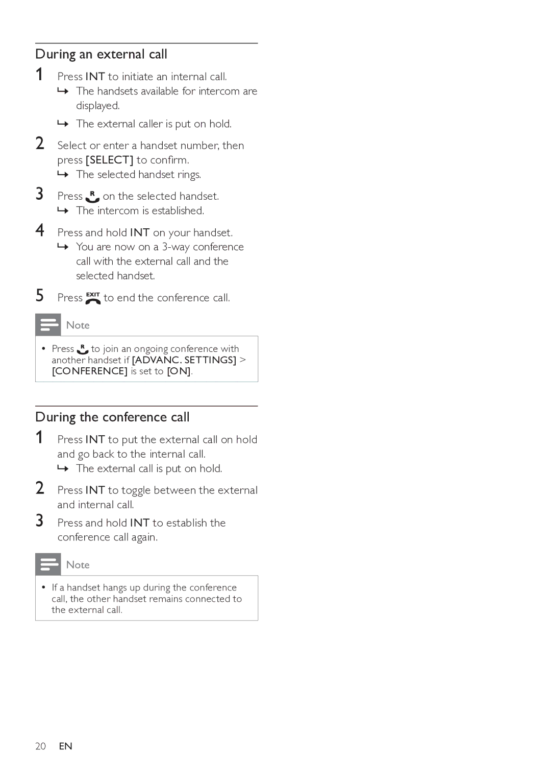 Philips SE765 user manual During an external call, During the conference call 