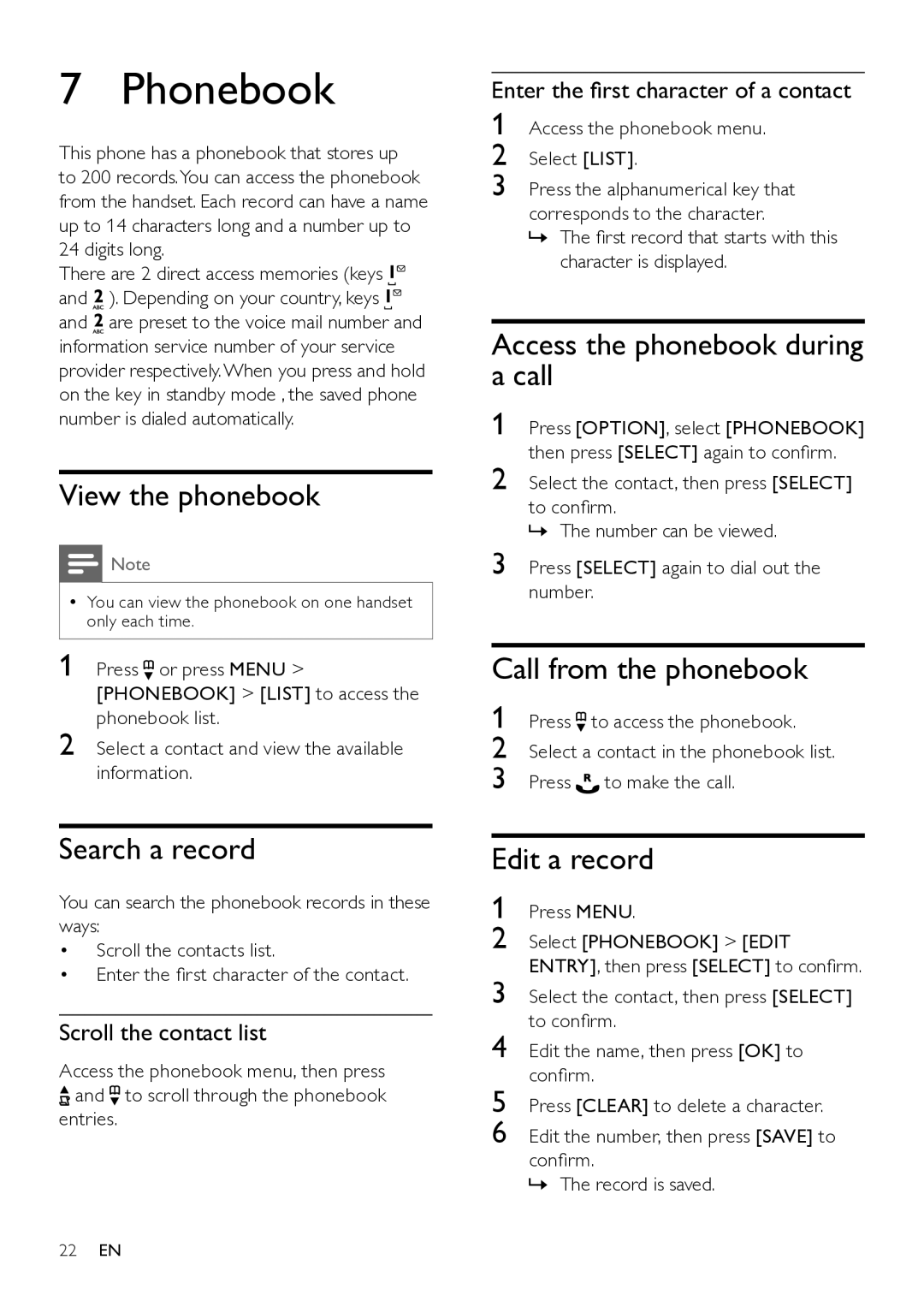 Philips SE765 user manual Phonebook 