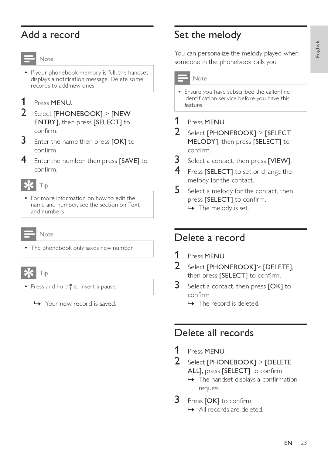 Philips SE765 user manual Add a record, Set the melody, Delete a record, Delete all records, »» Your new record is saved 