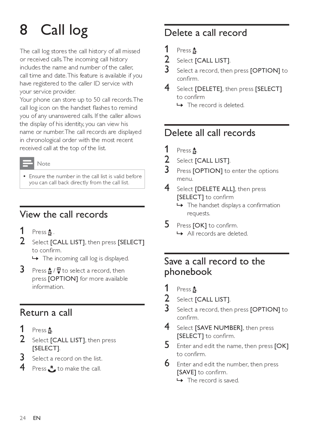 Philips SE765 user manual Call log 